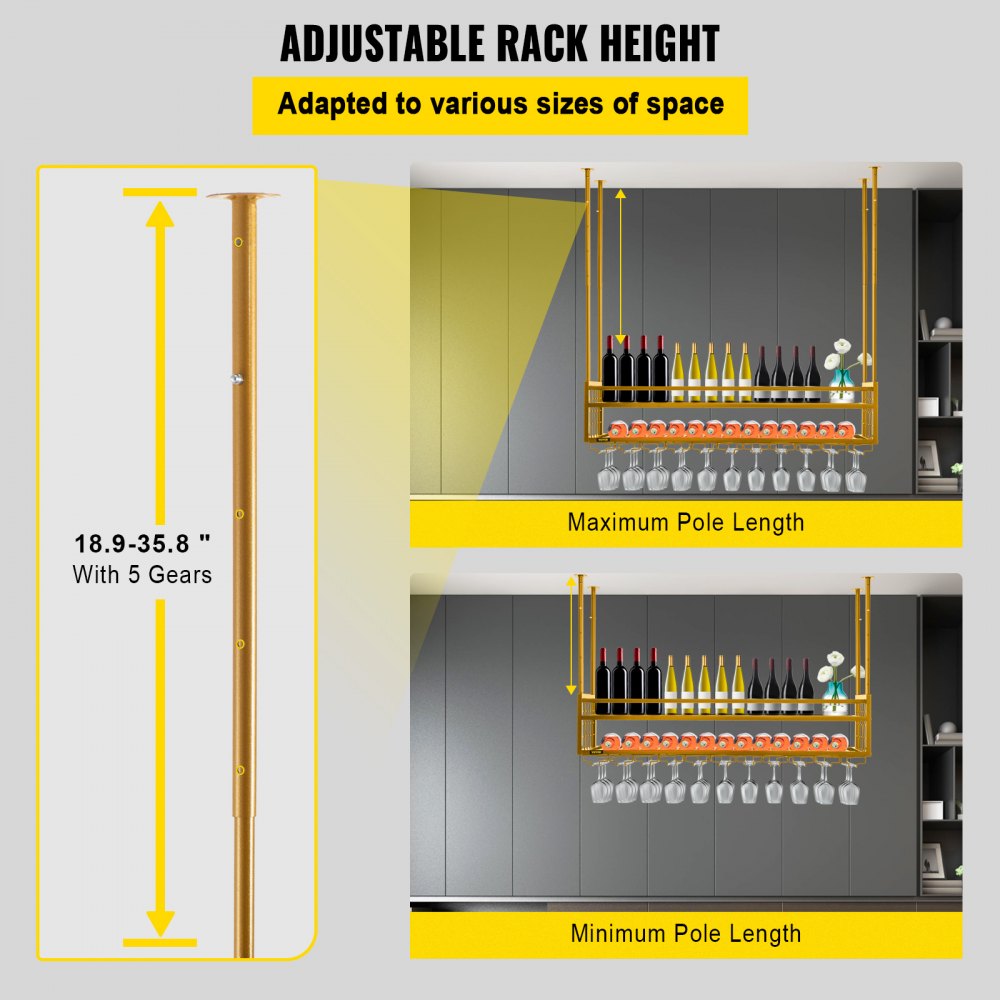 VEVOR Estante para copas de vino de techo, estante para copas de vino colgante de 46.9 x 11.8 pulgadas, gabinete para colgar copas de vino de altura ajustable de 18.9-35.8 pulgadas, estante para copas de vino montado en la pared dorado perfecto para bar cafetería cocina