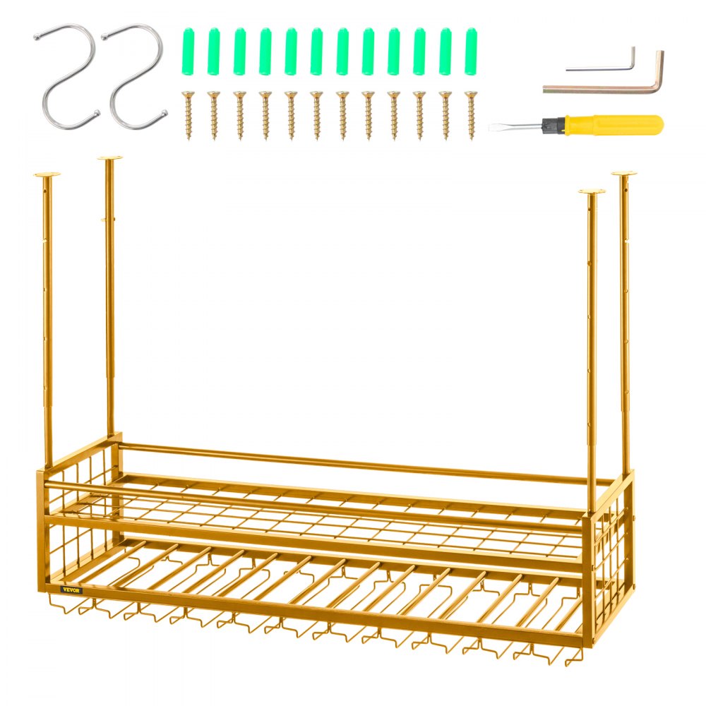 VEVOR Estante para copas de vino de techo, estante para copas de vino colgante de 46.9 x 11.8 pulgadas, gabinete para colgar copas de vino de altura ajustable de 18.9-35.8 pulgadas, estante para copas de vino montado en la pared dorado perfecto para bar cafetería cocina