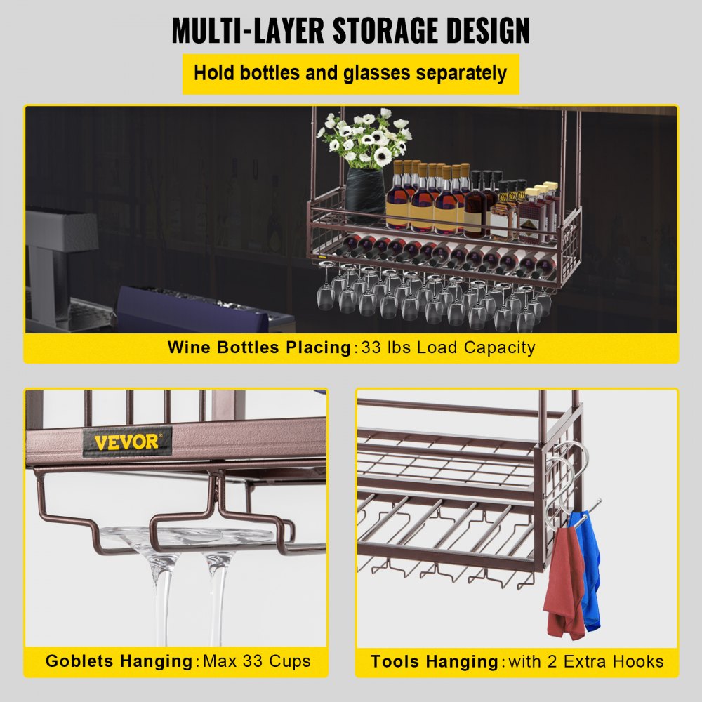 VEVOR Estante para copas de vino de techo, 46.9 x 11.8 pulgadas, estante colgante para copas de vino, 18.9-35.8 pulgadas de altura ajustable, gabinete para colgar copas de vino, estante para copas de vino montado en la pared de cobre, perfecto para bar cafetería cocina