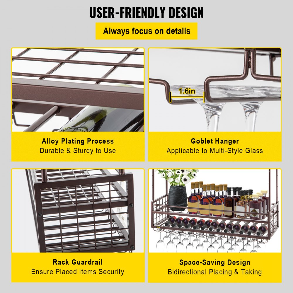 VEVOR Estante para copas de vino de techo, 46.9 x 11.8 pulgadas, estante colgante para copas de vino, 18.9-35.8 pulgadas de altura ajustable, gabinete para colgar copas de vino, estante para copas de vino montado en la pared de cobre, perfecto para bar cafetería cocina