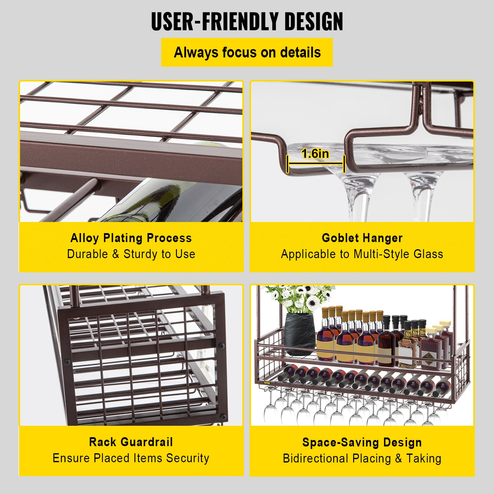 VEVOR Estante para copas de vino de techo, 46.9 x 11.8 pulgadas, estante colgante para copas de vino, 18.9-35.8 pulgadas de altura ajustable, gabinete para colgar copas de vino, estante para copas de vino montado en la pared de cobre, perfecto para bar cafetería cocina