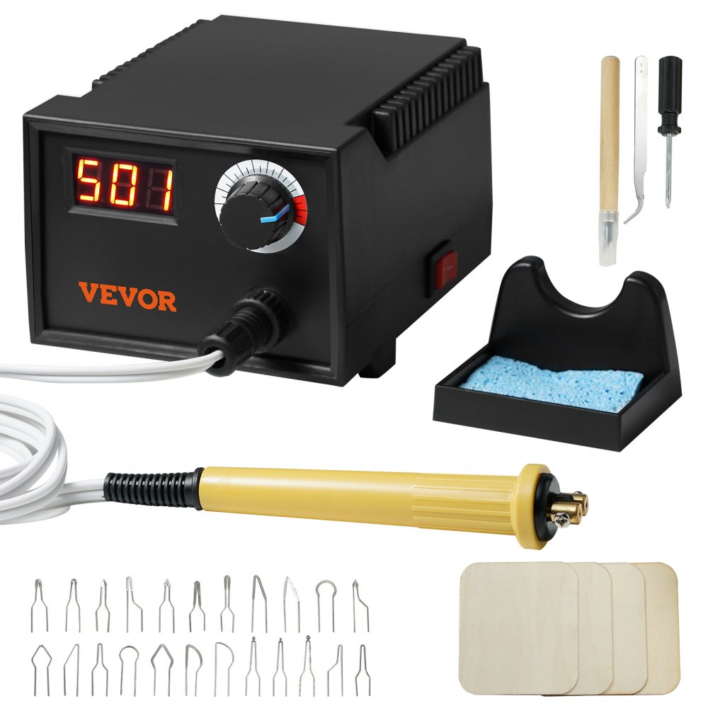 VEVOR Kit de quema de leña, temperatura ajustable de 200 a 700 °C con pantalla, quemador de leña con 1 bolígrafo de pirograbado, 1 portalápices, 23 puntas de alambre, 4 virutas de madera, 1 pinzas, 1 destornillador, 1 cuchillo para manualidades, 1 esponja