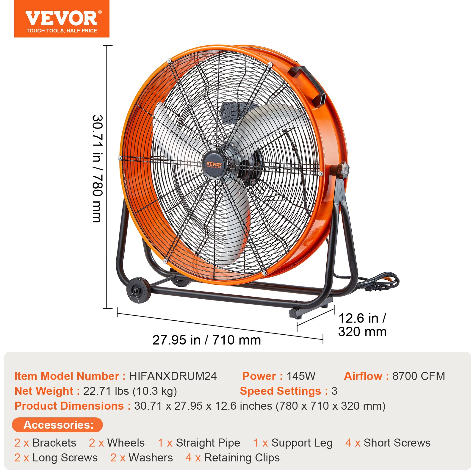 Ventilador de tambor VEVOR de 24 pulgadas, ventilador industrial de alta velocidad para taller, uso comercial intensivo, 3 velocidades, 8600 CFM, ventilador de piso industrial con inclinación ajustable de 360° para almacén, taller, fábrica y sótano.