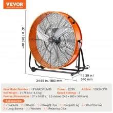 Ventilador de tambor de 30 pulgadas de alta velocidad para uso industrial, 3 velocidades, 13000 CFM para almacén
