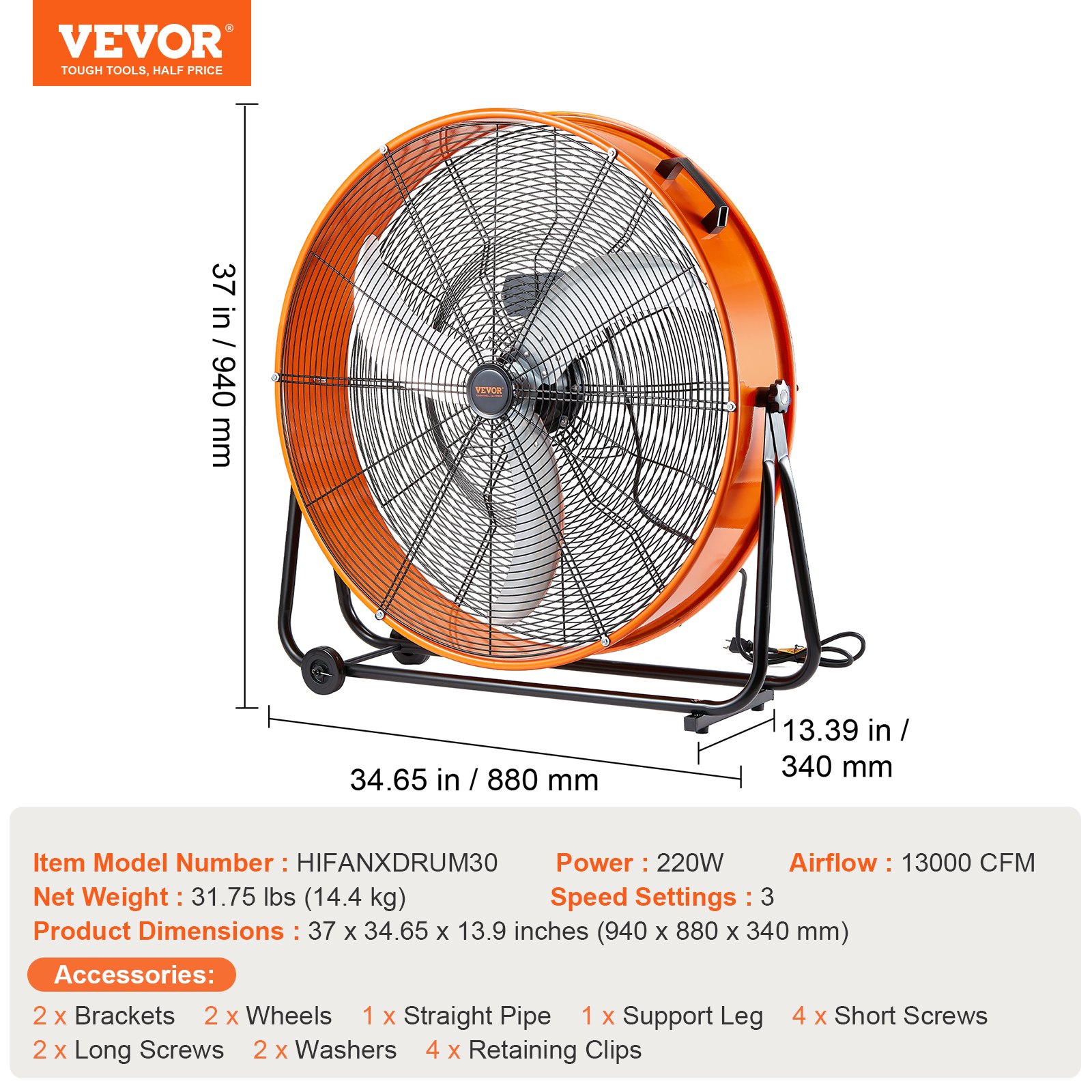 Ventilador de tambor VEVOR de 30 pulgadas, de alta velocidad, para taller industrial, uso comercial intensivo, 3 velocidades, 13000 CFM, con inclinación ajustable de 360°, para almacén, taller, fábrica y sótano.