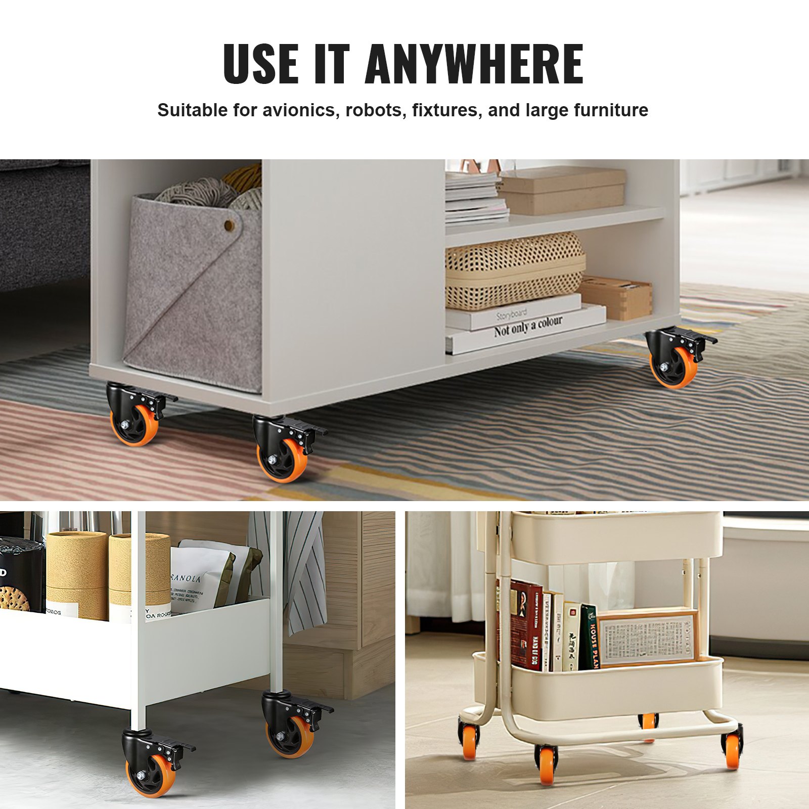 Ruedas giratorias VEVOR en muebles y estantes blancos, que muestran versatilidad y movilidad suave.