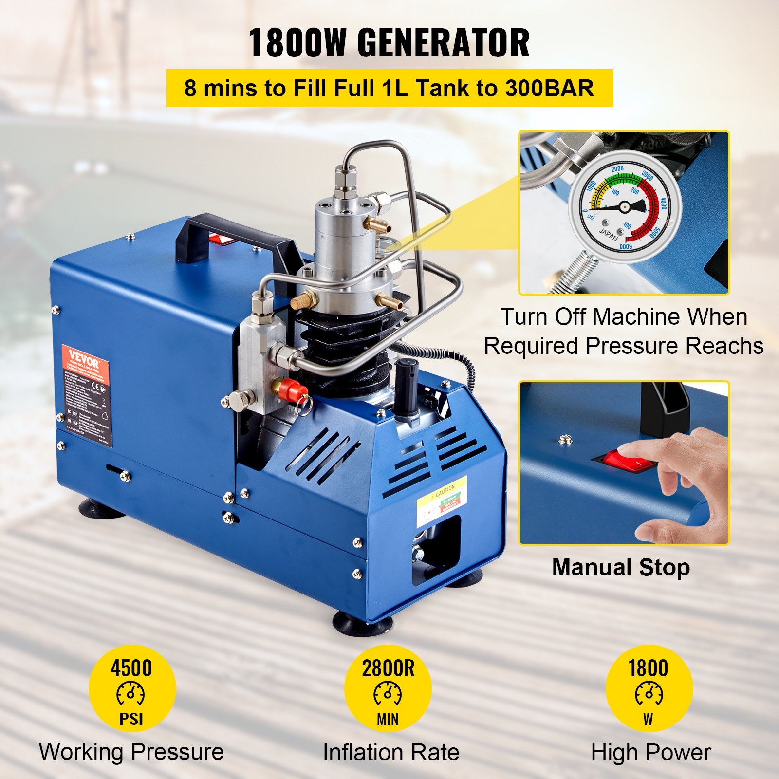 Compresor de aire de alta presión VEVOR, 1800w, 4500 psi, botón de parada manual.