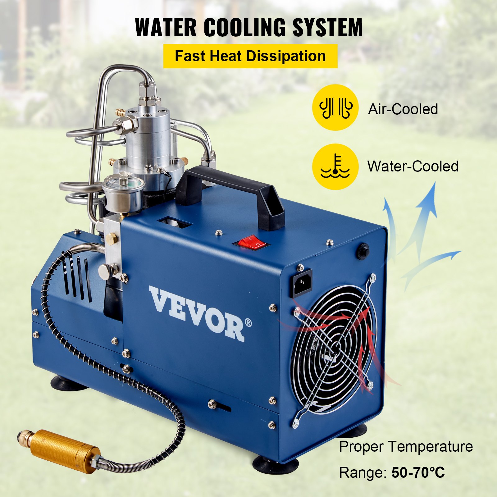 Compresor de aire de alta presión VEVOR con sistemas de enfriamiento de agua y aire para una rápida disipación del calor.