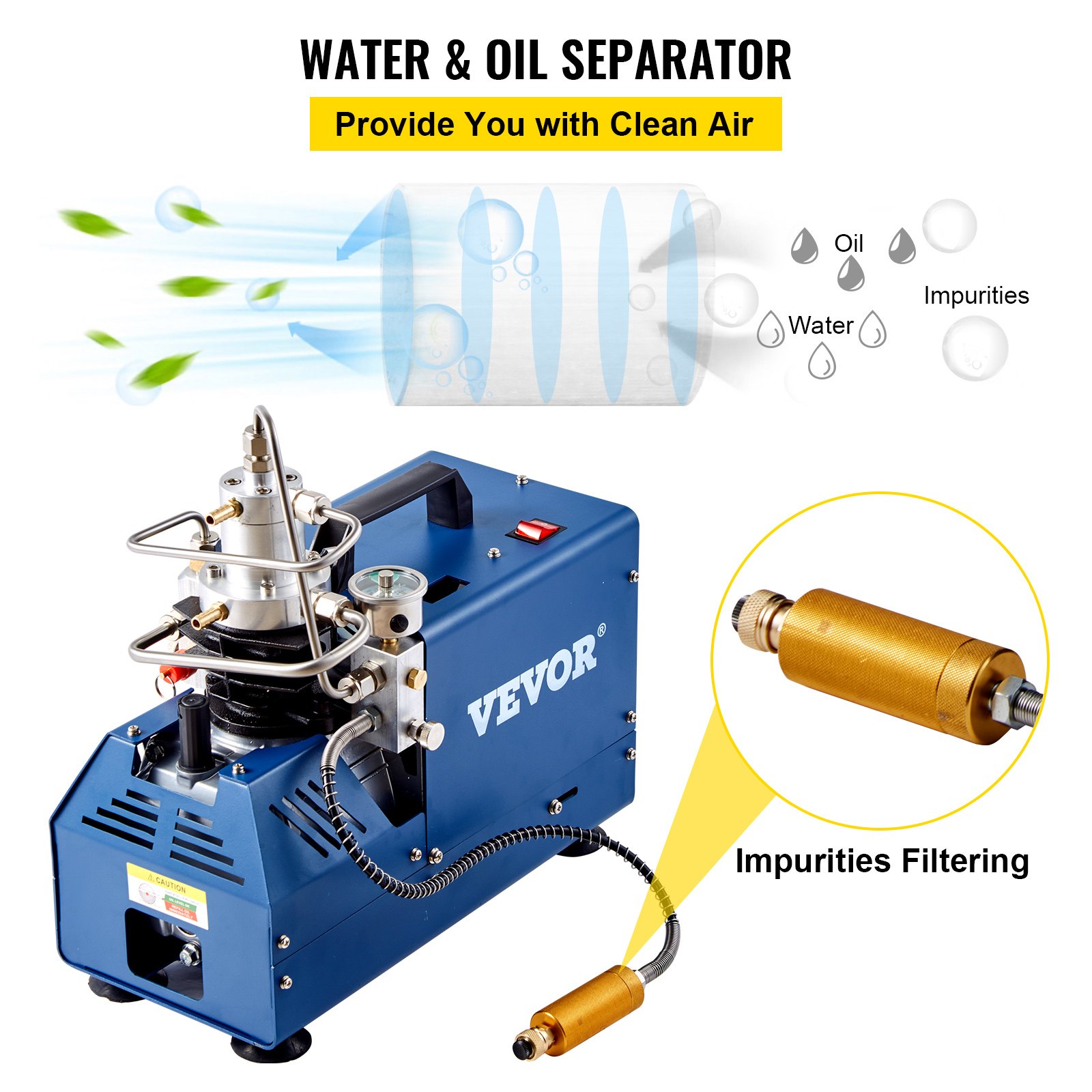 Compresor de aire de alta presión VEVOR con separador de agua y aceite, filtrado de impurezas.