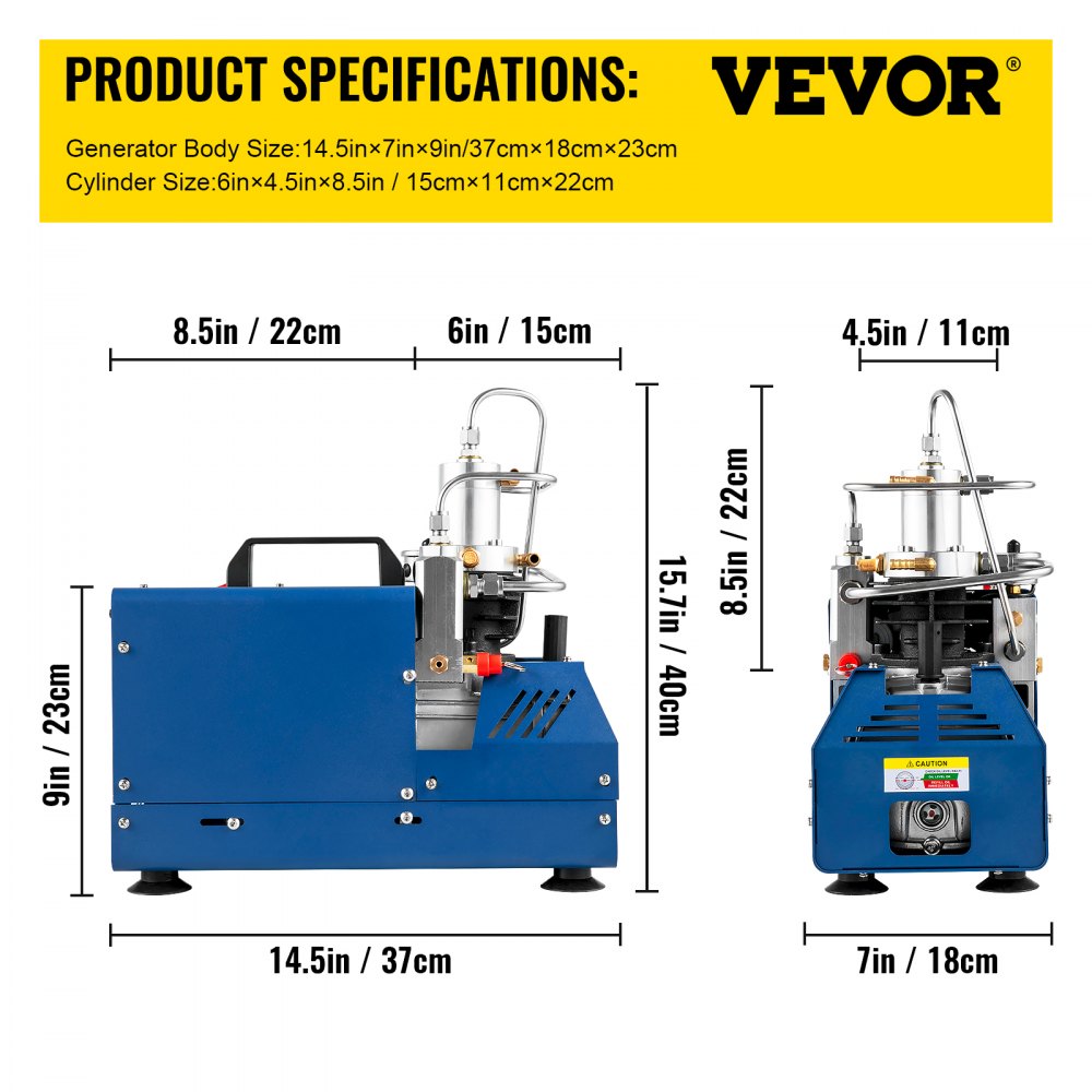 Dimensiones y especificaciones del producto compresor de aire de alta presión VEVOR.