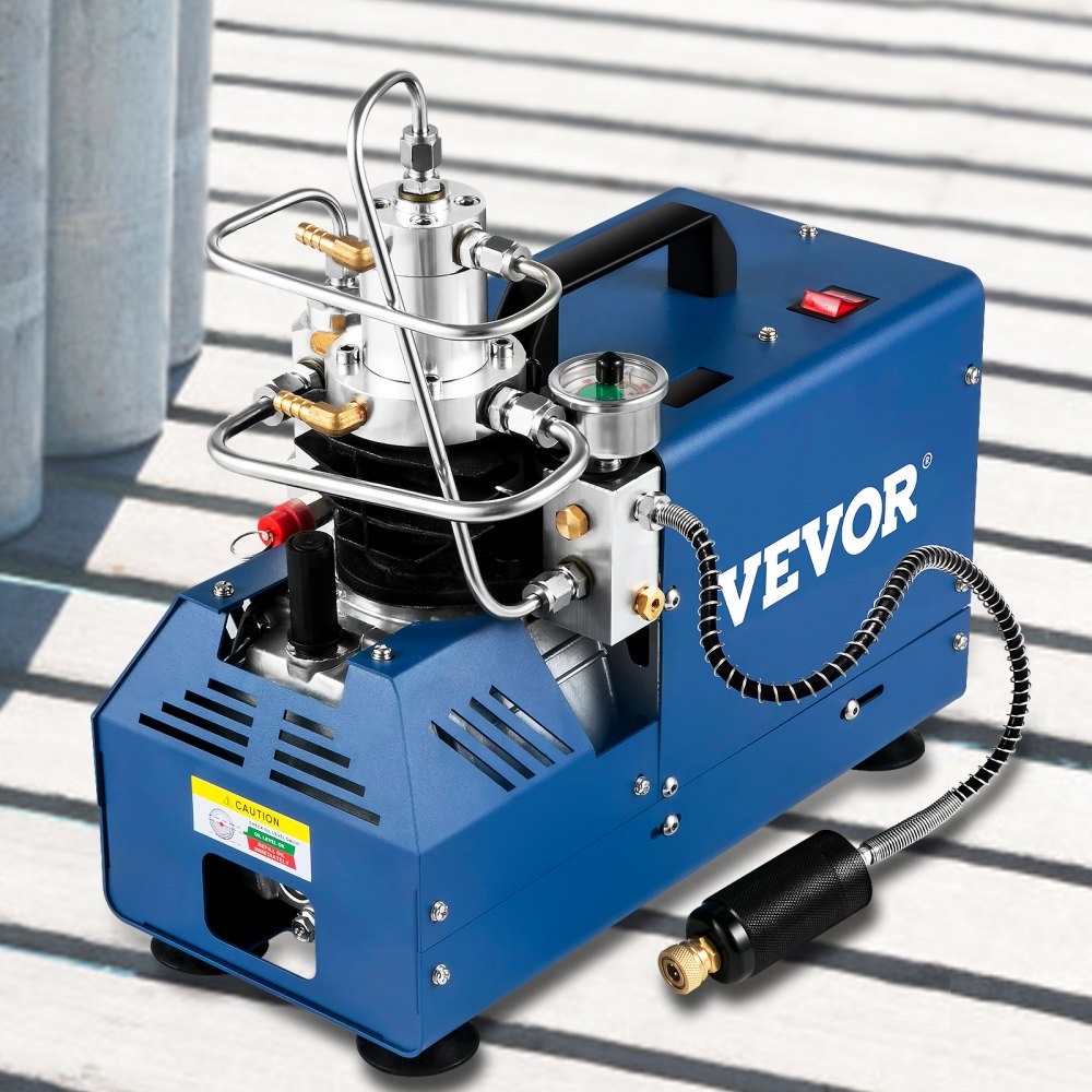 Compresor de aire de alta presión VEVOR azul con manómetro y tubo de metal.