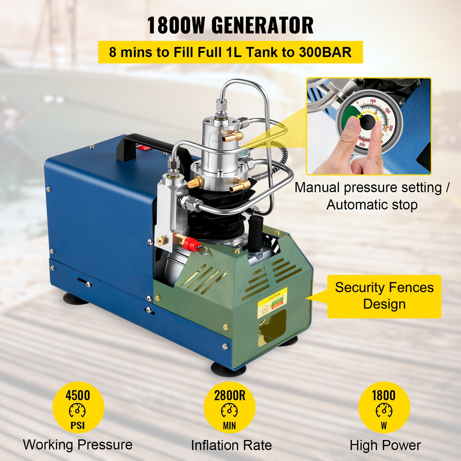 Compresor de aire de alta presión VEVOR con motor de 1800w, 4500 psi y capacidad de 300bar.