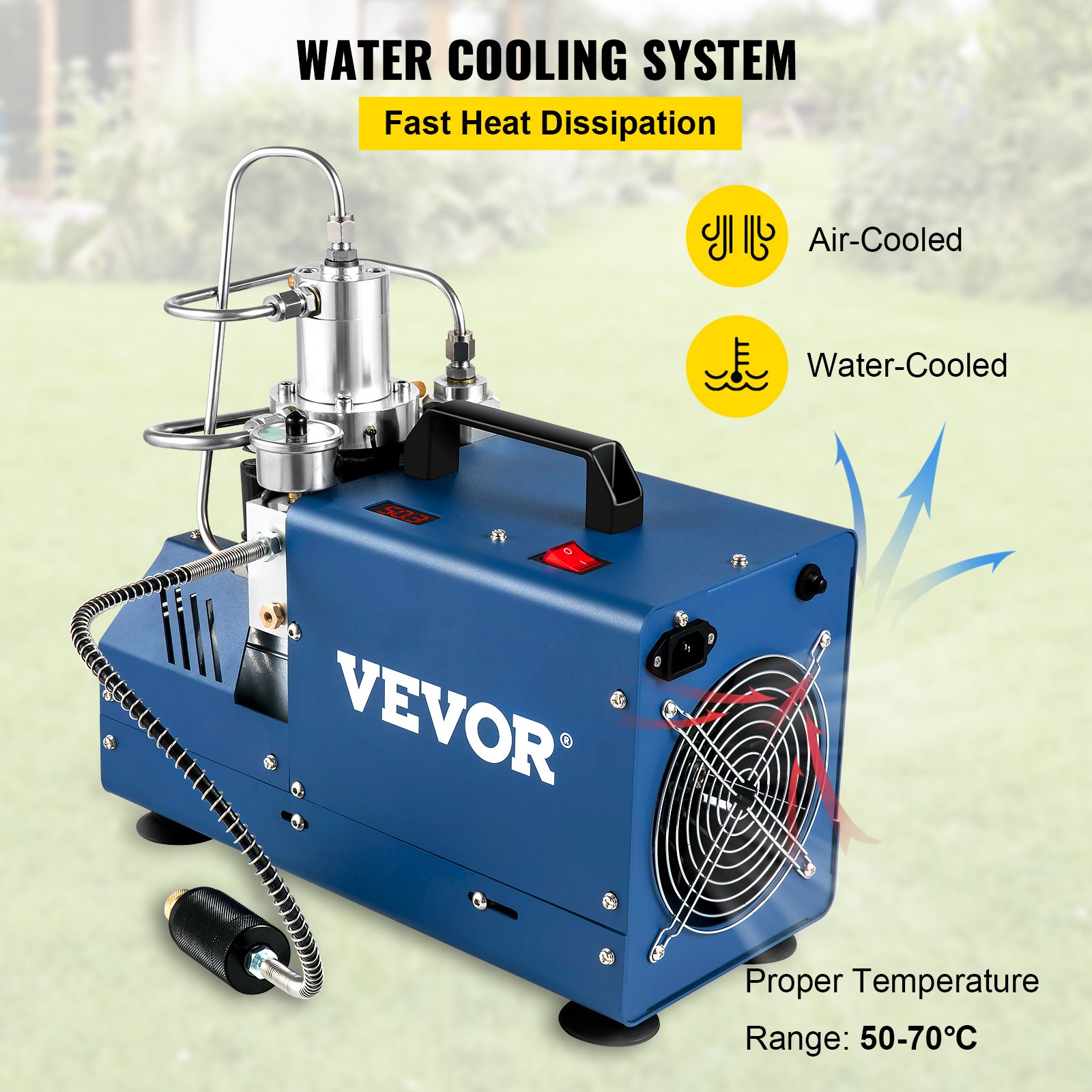 Compresor de aire de alta presión VEVOR con sistema de enfriamiento por agua para una eficiente disipación del calor.