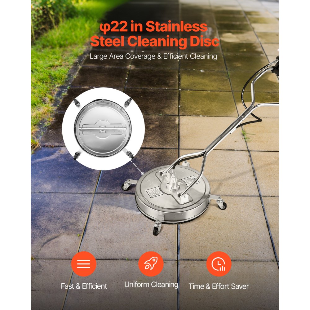 Limpiador de superficies para hidrolavadora VEVOR de 22", accesorios de acero inoxidable con 4 ruedas, presión máxima de 4500 PSI, conector rápido de 3/8", 2 boquillas de pulverización, doble asa, para concreto, patio y acera.