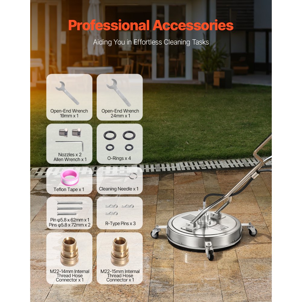 Limpiador de superficies para hidrolavadora VEVOR de 22", accesorios de acero inoxidable con 4 ruedas, presión máxima de 4500 PSI, conector rápido de 3/8", 2 boquillas de pulverización, doble asa, para concreto, patio y acera.