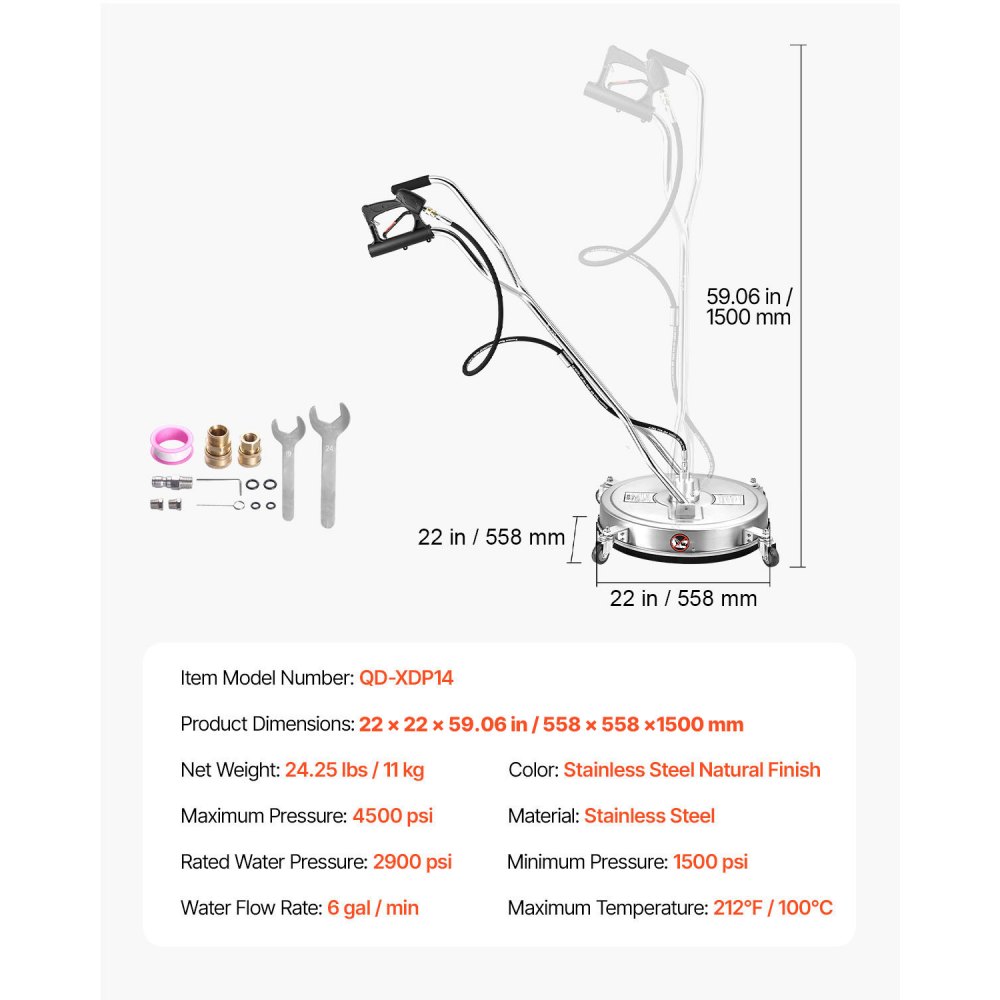Limpiador de superficies para hidrolavadora VEVOR de 22", accesorios de acero inoxidable con 4 ruedas, presión máxima de 4500 PSI, conector rápido de 3/8", 2 boquillas de pulverización, doble asa, para concreto, patio y acera.