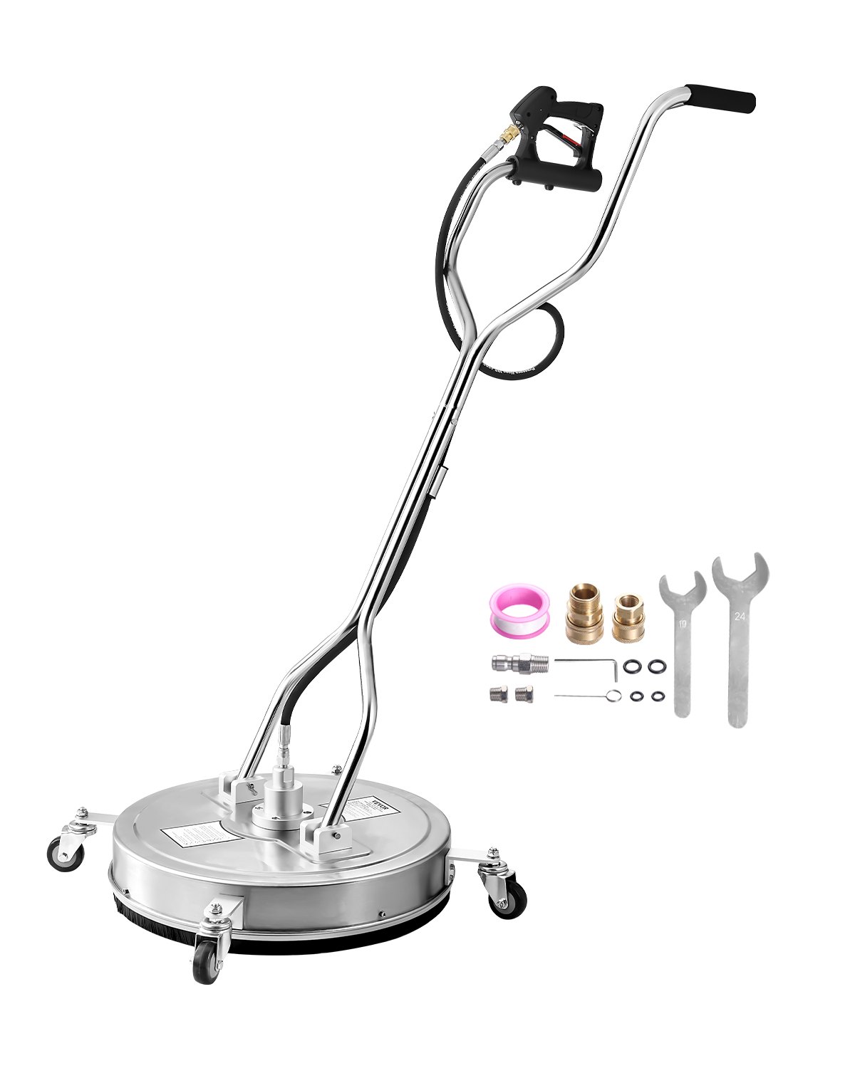 Limpiador de superficies para hidrolavadora VEVOR de 22", accesorios de acero inoxidable con 4 ruedas, presión máxima de 4500 PSI, conector rápido de 3/8", 2 boquillas de pulverización, doble asa, para concreto, patio y acera.