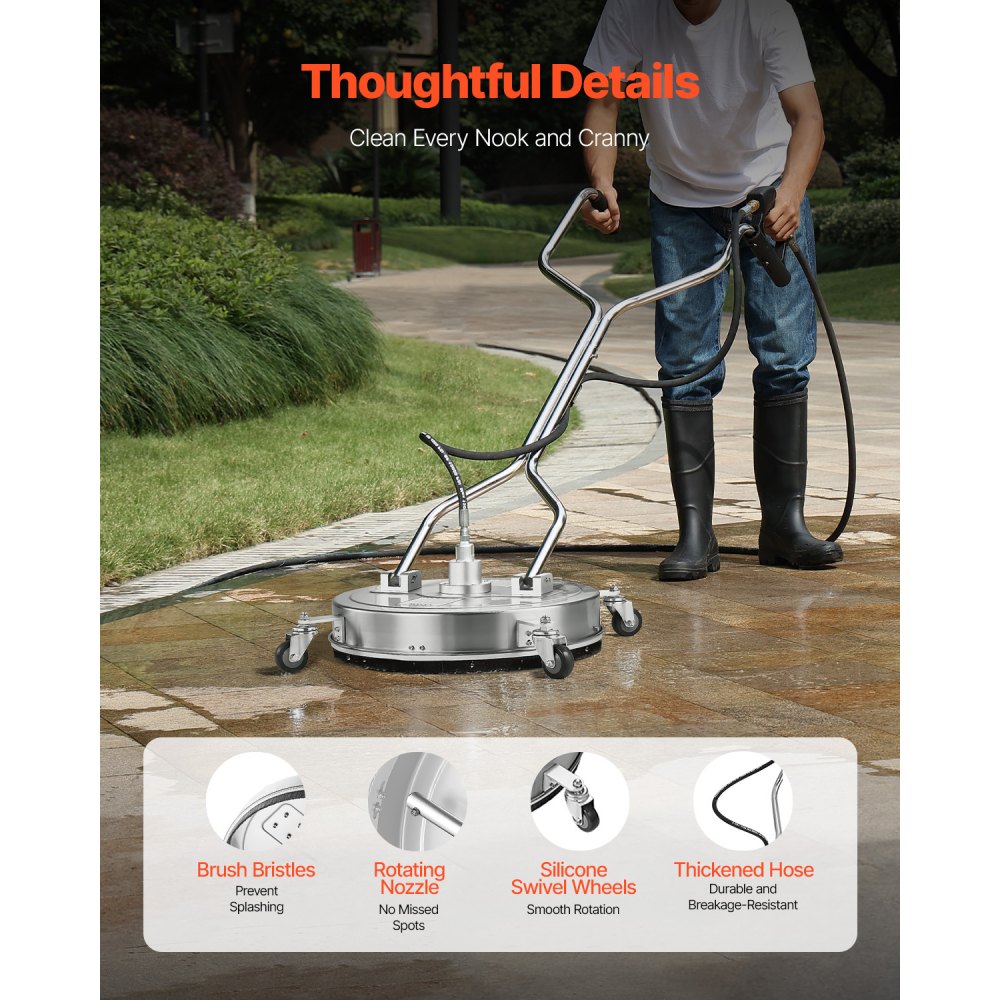 Limpiador de superficies VEVOR de 21", accesorios de acero inoxidable con 4 ruedas, 4500 PSI máx., conector rápido de 3/8", 2 boquillas de pulverización, mango doble, para hormigón, patio y aceras.