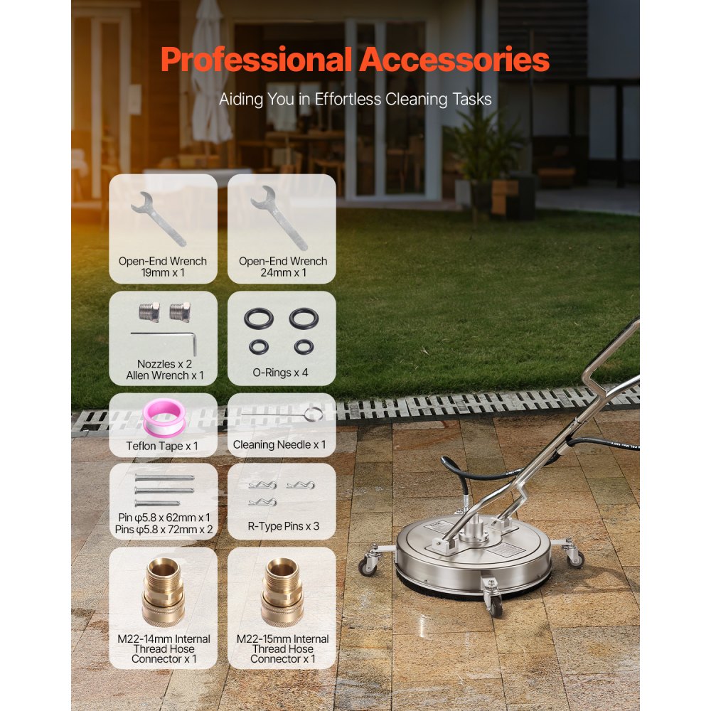 Limpiador de superficies VEVOR de 21", accesorios de acero inoxidable con 4 ruedas, 4500 PSI máx., conector rápido de 3/8", 2 boquillas de pulverización, mango doble, para hormigón, patio y aceras.