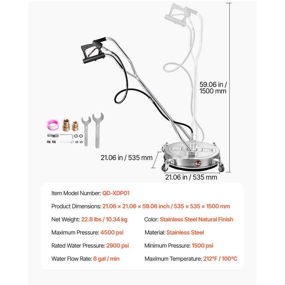 Limpiador de superficies VEVOR de 21", accesorios de acero inoxidable con 4 ruedas, 4500 PSI máx., conector rápido de 3/8", 2 boquillas de pulverización, mango doble, para hormigón, patio y aceras.