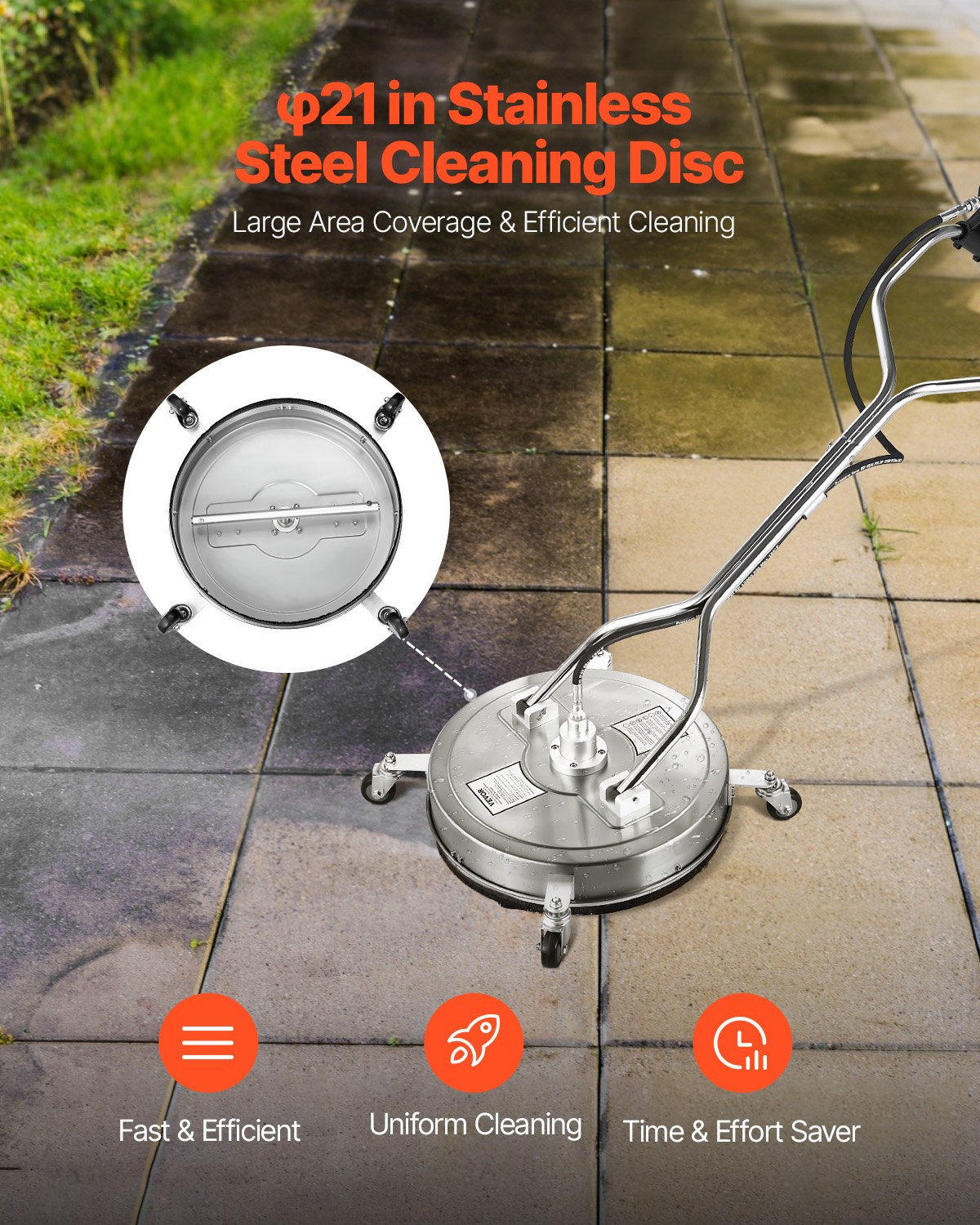 Limpiador de superficies VEVOR de 21", accesorios de acero inoxidable con 4 ruedas, 4500 PSI máx., conector rápido de 3/8", 2 boquillas de pulverización, mango doble, para hormigón, patio y aceras.