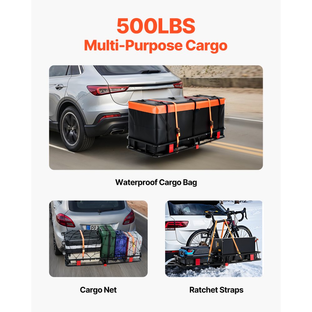 Portacargas VEVOR de 60" x 24" x 6", para enganche de remolque, capacidad de 500 lbs, con red de carga con gancho y bolsa de carga impermeable, portacargas plegable para enganche de remolque con correas de trinquete, apto para SUV.