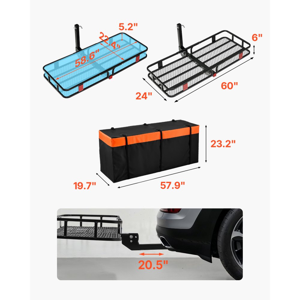 Portacargas VEVOR de 60" x 24" x 6", para enganche de remolque, capacidad de 500 lbs, con red de carga con gancho y bolsa de carga impermeable, portacargas plegable para enganche de remolque con correas de trinquete, apto para SUV.