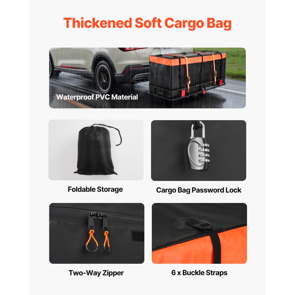 Portacargas VEVOR de 60" x 24" x 6", para enganche de remolque, capacidad de 500 lbs, con red de carga con gancho y bolsa de carga impermeable, portacargas plegable para enganche de remolque con correas de trinquete, apto para SUV.