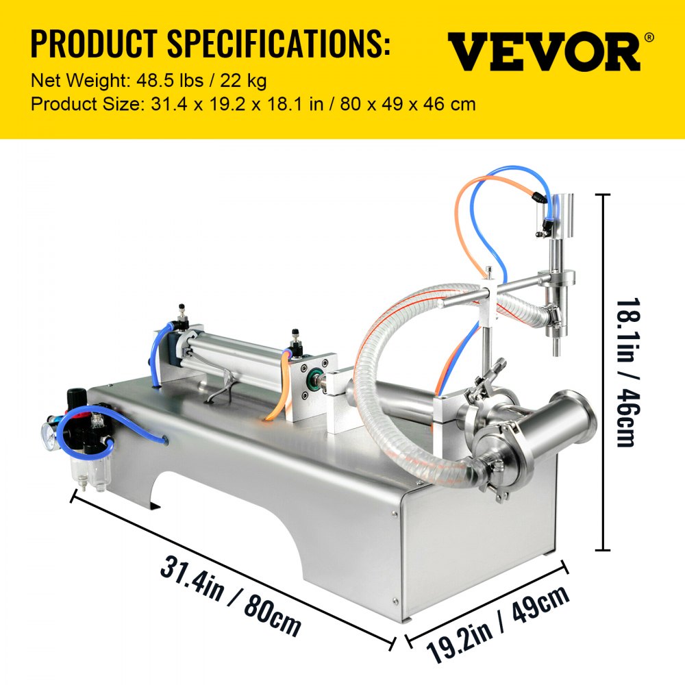 VEVOR Máquina de llenado de líquidos neumática horizontal 10-300 ml, Máquina de llenado de botellas neumática Cabezal único, Llenadora de líquidos semiautomática 0.4-0.6MP Presión de aire para líquidos de agua y aceite