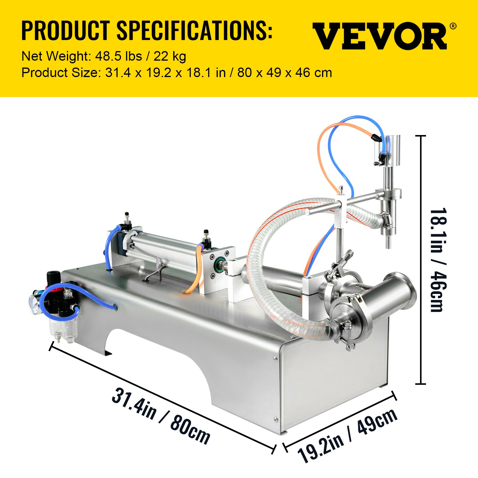 VEVOR Máquina de llenado de líquidos neumática horizontal 10-300 ml, Máquina de llenado de botellas neumática Cabezal único, Llenadora de líquidos semiautomática 0.4-0.6MP Presión de aire para líquidos de agua y aceite