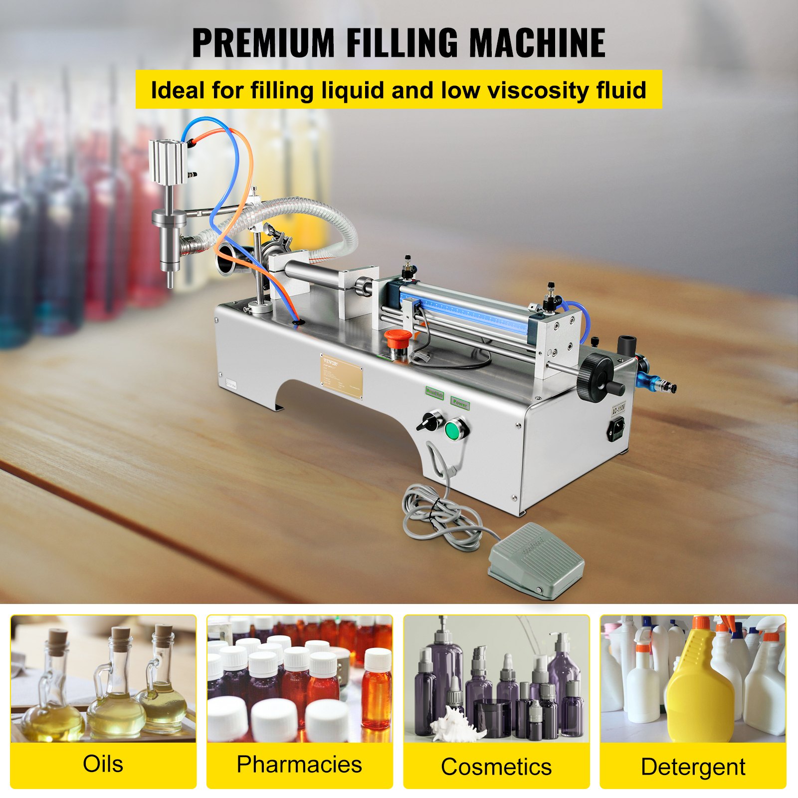 Máquina llenadora neumática de líquidos VEVOR para aceites, farmacias, cosméticos y detergentes.