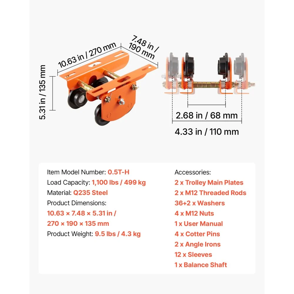 VEVOR Carro Manual para Polipasto Eléctrico PA200 a PA500 Carga 499 kg, Ancho Ajustable 68 a 110 mm, Ruedas Dobles de Acero para Vigas en I Rectas y Curvas para Polipasto, Taller, Garaje y Almacén