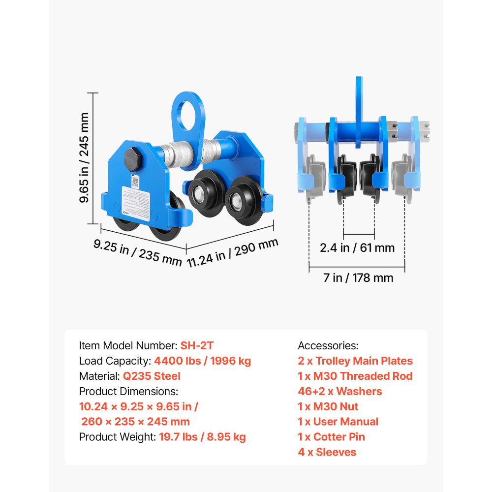 VEVOR Carro Manual para Polipasto 1996 kg, Carro para Viga I 61-178 mm, Compatible con Vigas I Rectas y Curvas, con Ruedas Dobles de Acero Fundido y Rodamientos de Precisión para Talleres y Almacenes