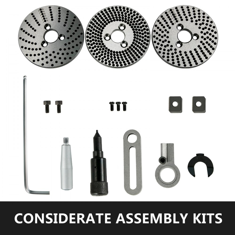 Kit de montaje de mesa giratoria VEVOR que muestra varios componentes y accesorios.