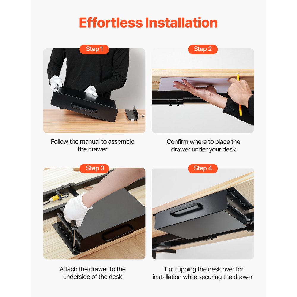 VEVOR Cajón deslizable para debajo del escritorio de 33 cm de ancho, accesorio extraíble para montaje bajo el escritorio, organizador de escritorio oculto, cajón para lápices debajo de la mesa para oficina, hogar, estación de trabajo de pie, 38 x 23 x 7,6 cm