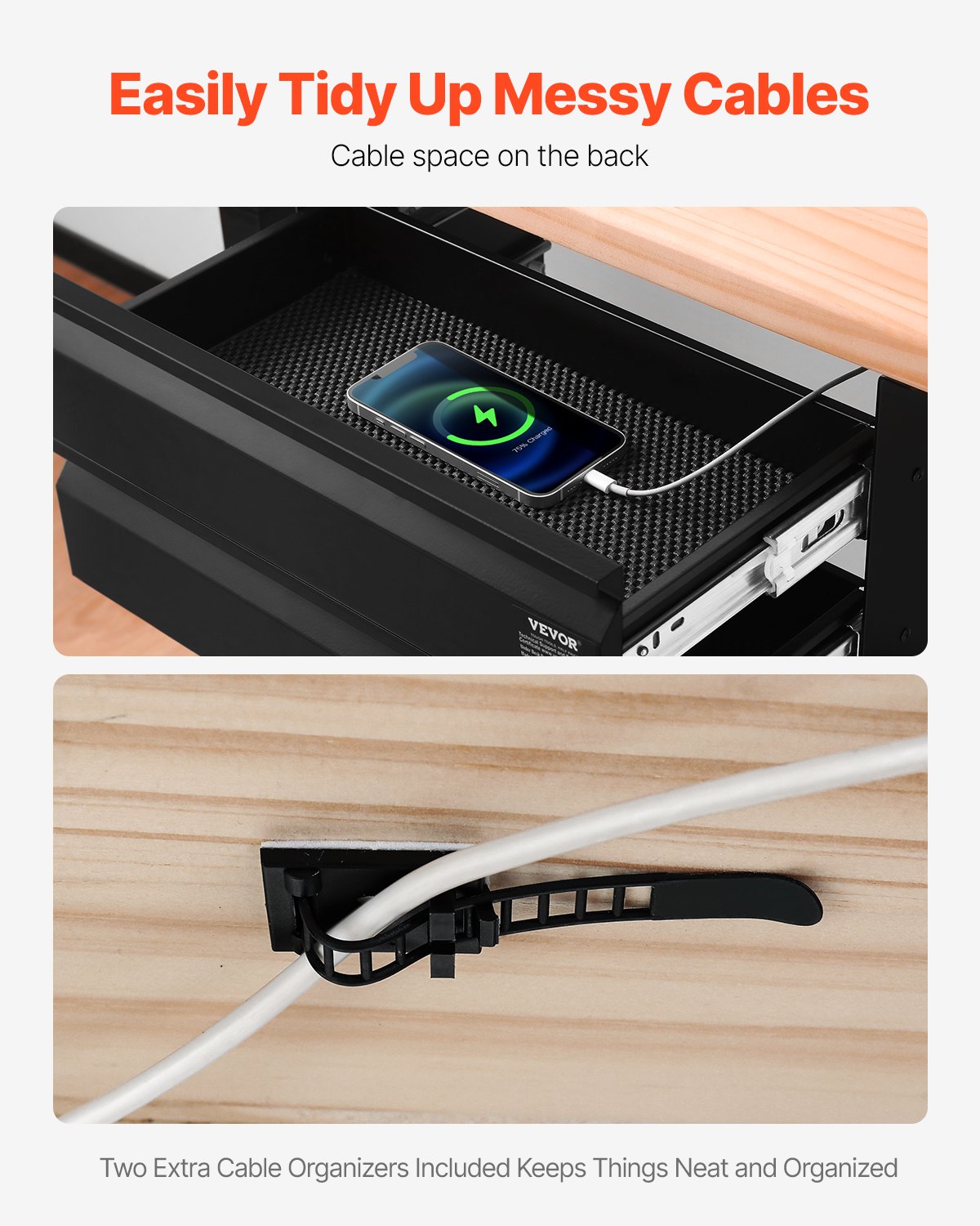 VEVOR Cajón deslizable para debajo del escritorio de 40,6 cm de ancho, accesorio extraíble para montaje bajo el escritorio, organizador de almacenamiento oculto de 2 capas, cajón para lápices debajo de la mesa para trabajar sentado o de pie en casa, 45,7 x 23,8 x 20,3 cm