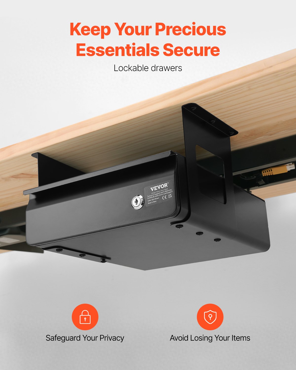 VEVOR Cajón deslizable para debajo del escritorio de 33 cm de ancho, accesorio extraíble para montaje bajo el escritorio, organizador de almacenamiento oculto, cajón con cerradura para lápices debajo de la mesa, para estaciones de trabajo de pie o sentado, 35,5 x 33 x 18 cm