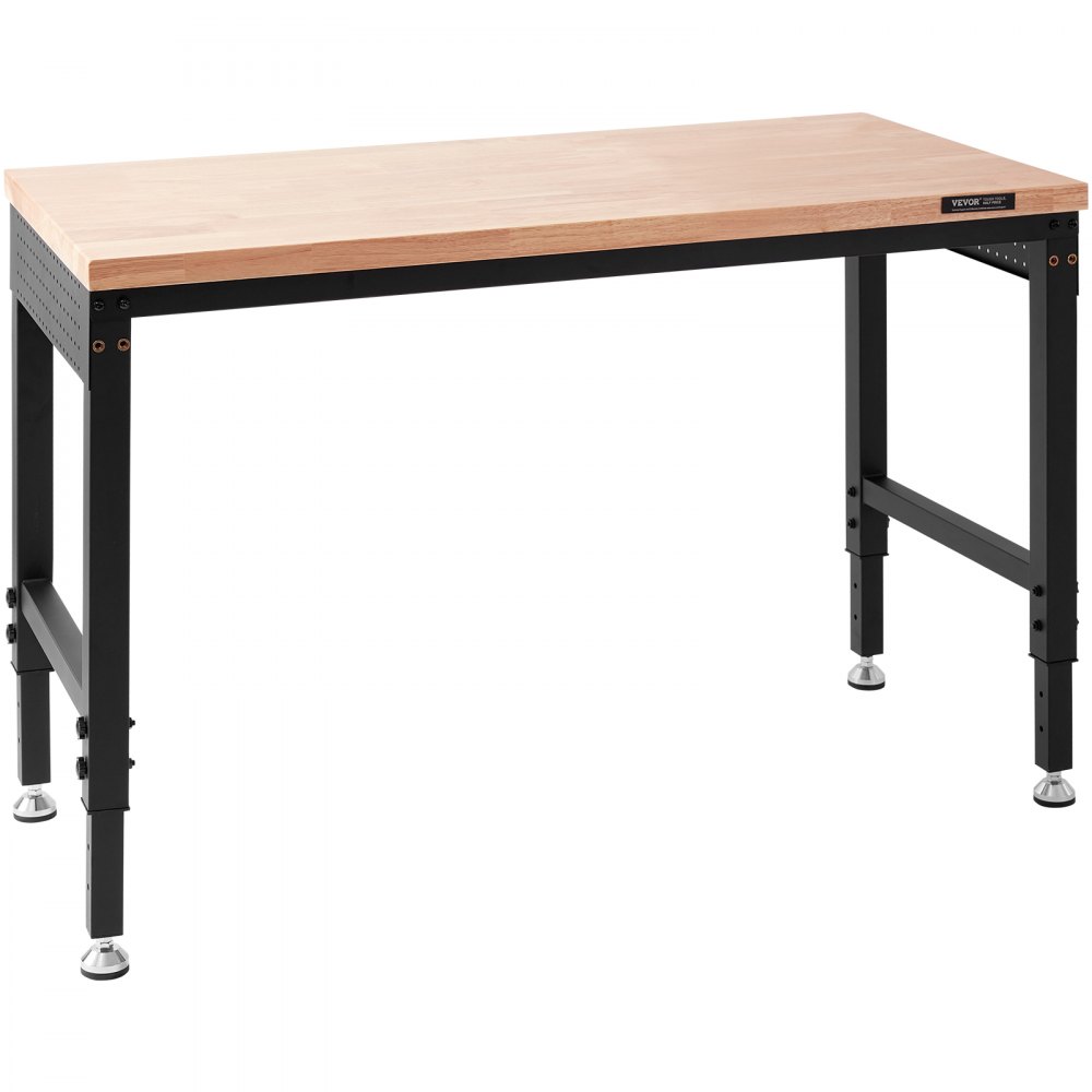 Banco de trabajo ajustable VEVOR con tablero de madera y patas de metal negro, con altura ajustable.
