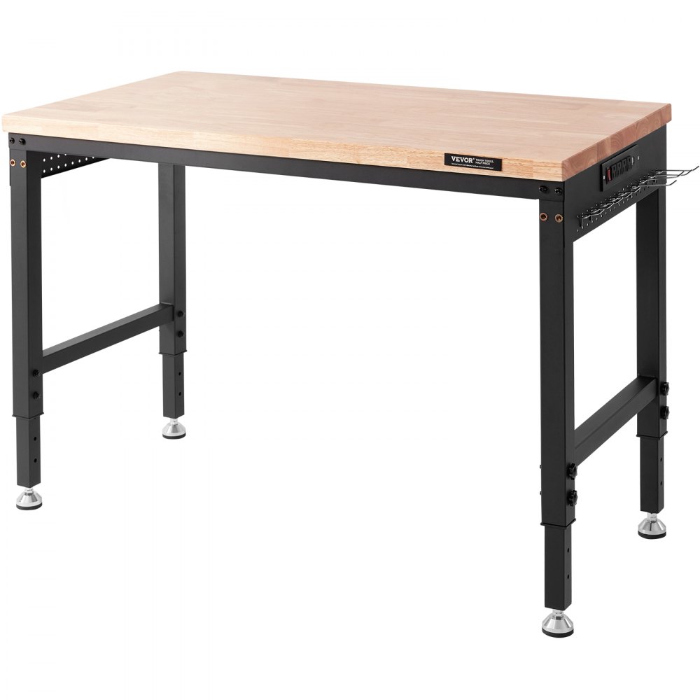 Banco de trabajo ajustable VEVOR con tablero de madera y patas ajustables de metal negro.
