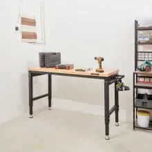 VEVOR Banco de trabajo ajustable, mesa de trabajo de garaje de 48" LX 24" W con ruedas universales, 28-39.5" de altura y capacidad de carga de 2000 libras, con tomas de corriente y tapa de madera dura