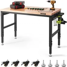 VEVOR Banco de trabajo ajustable, mesa de trabajo de garaje de 48" LX 24" W con ruedas universales, 28-39.5" de altura y capacidad de carga de 2000 libras, con tomas de corriente y tapa de madera dura