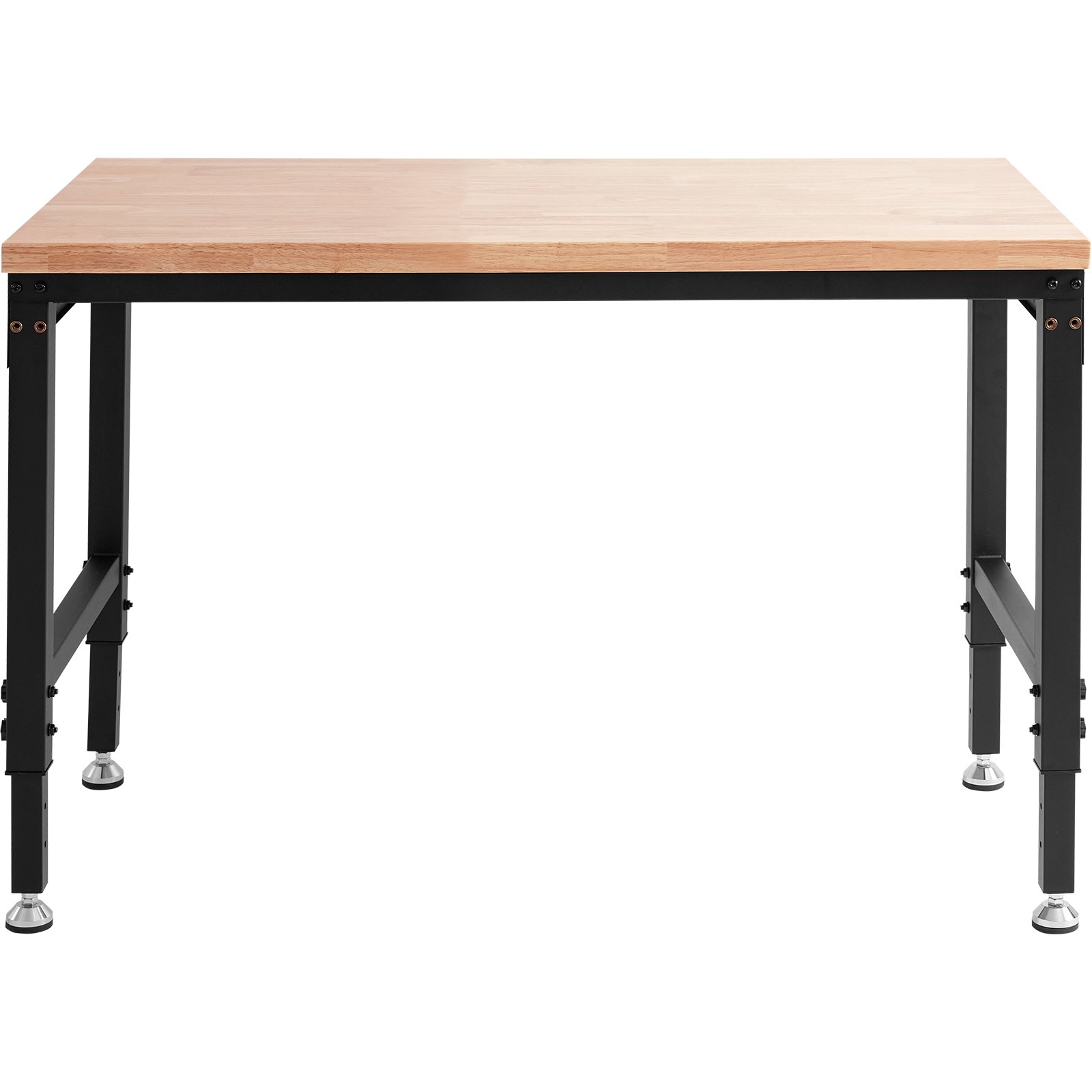 Banco de trabajo ajustable VEVOR con tablero de madera y patas de metal negro con altura ajustable.