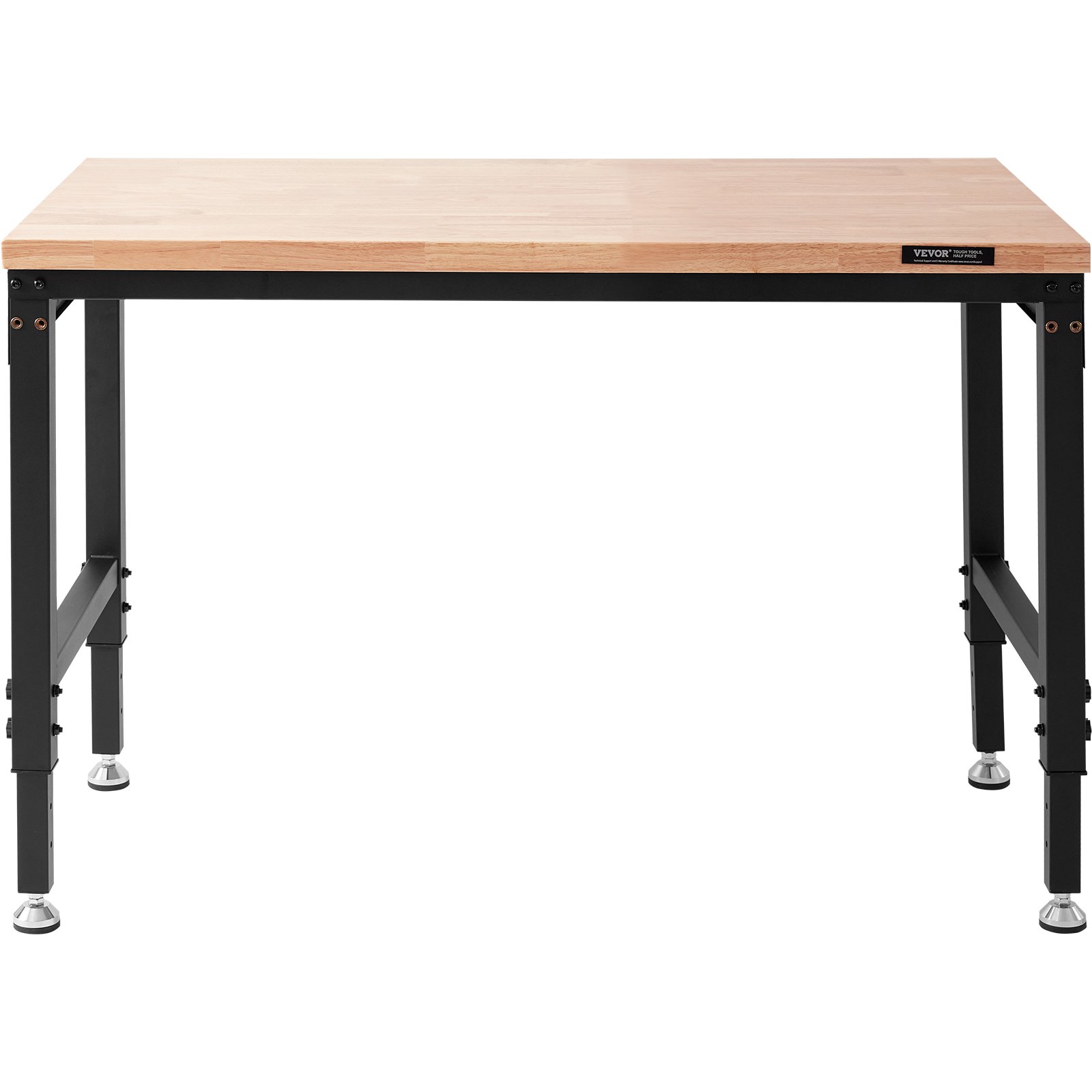 Banco de trabajo ajustable VEVOR con un marco de metal negro resistente y un tablero de madera suave.