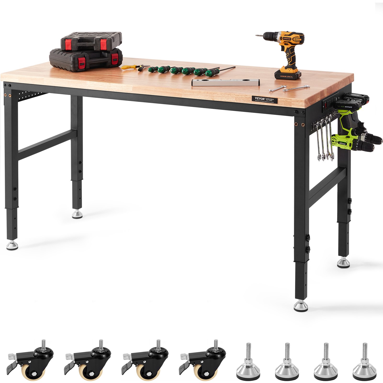 VEVOR Banco de trabajo ajustable, mesa de trabajo de garaje de 60" LX 22" W con ruedas universales, 28-39.5" de altura y capacidad de carga de 2000 libras, con tomas de corriente y tapa de madera dura