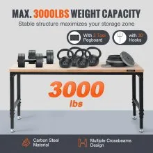 VEVOR Banco de trabajo ajustable, mesa de trabajo de garaje de 72" LX 25" W con ruedas universales, 28-39.5" de altura y capacidad de carga de 3000 libras, con tomas de corriente y tapa de madera dura