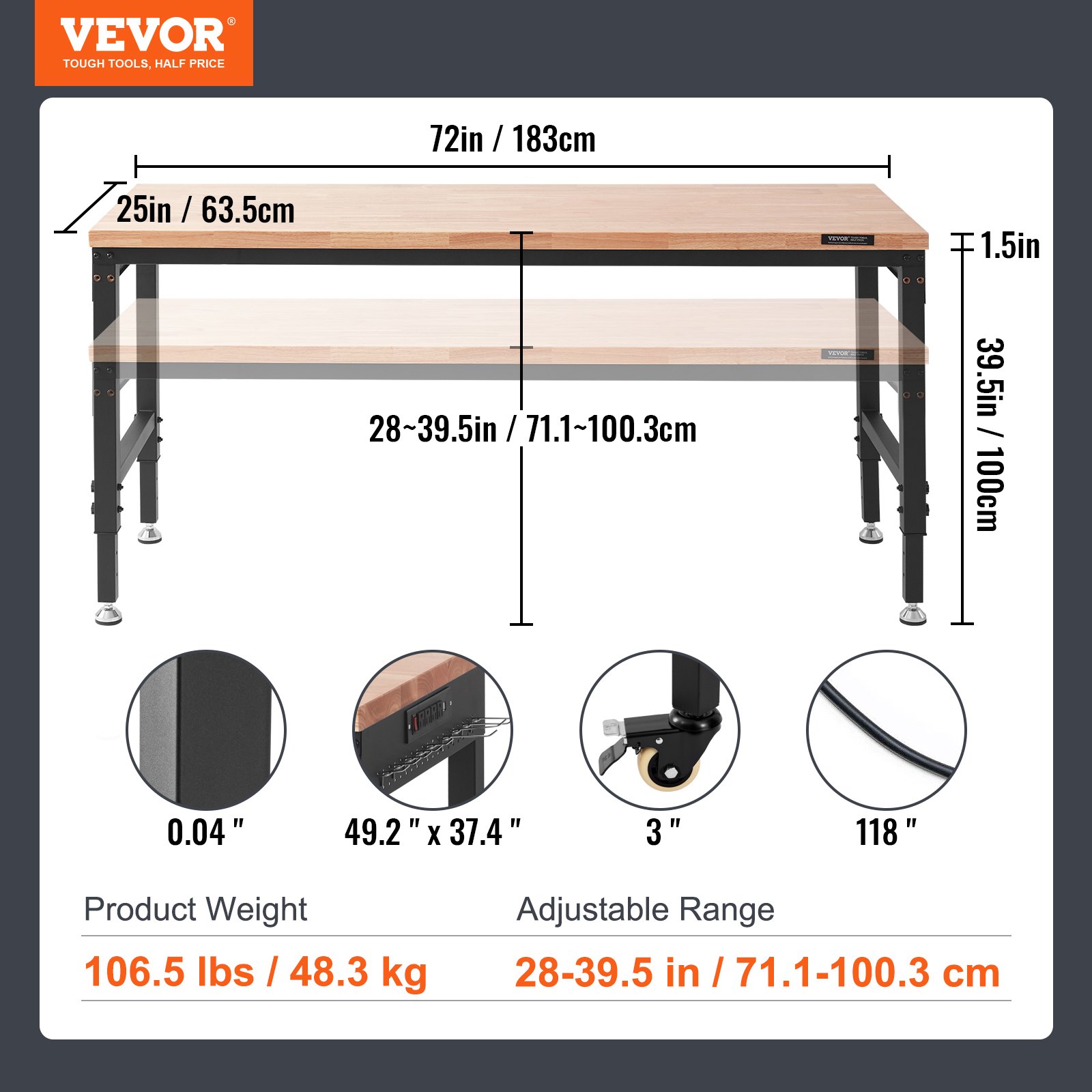 VEVOR Banco de trabajo ajustable, mesa de trabajo de garaje de 72" LX 25" W con ruedas universales, 28-39.5" de altura y capacidad de carga de 3000 libras, con tomas de corriente y tapa de madera dura