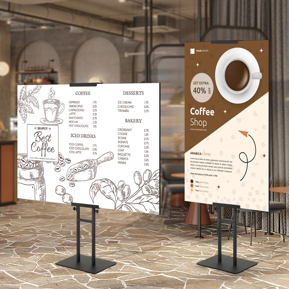 Soporte para carteles VEVOR que muestra el menú de una cafetería y un cartel promocional en un entorno de cafetería moderno.