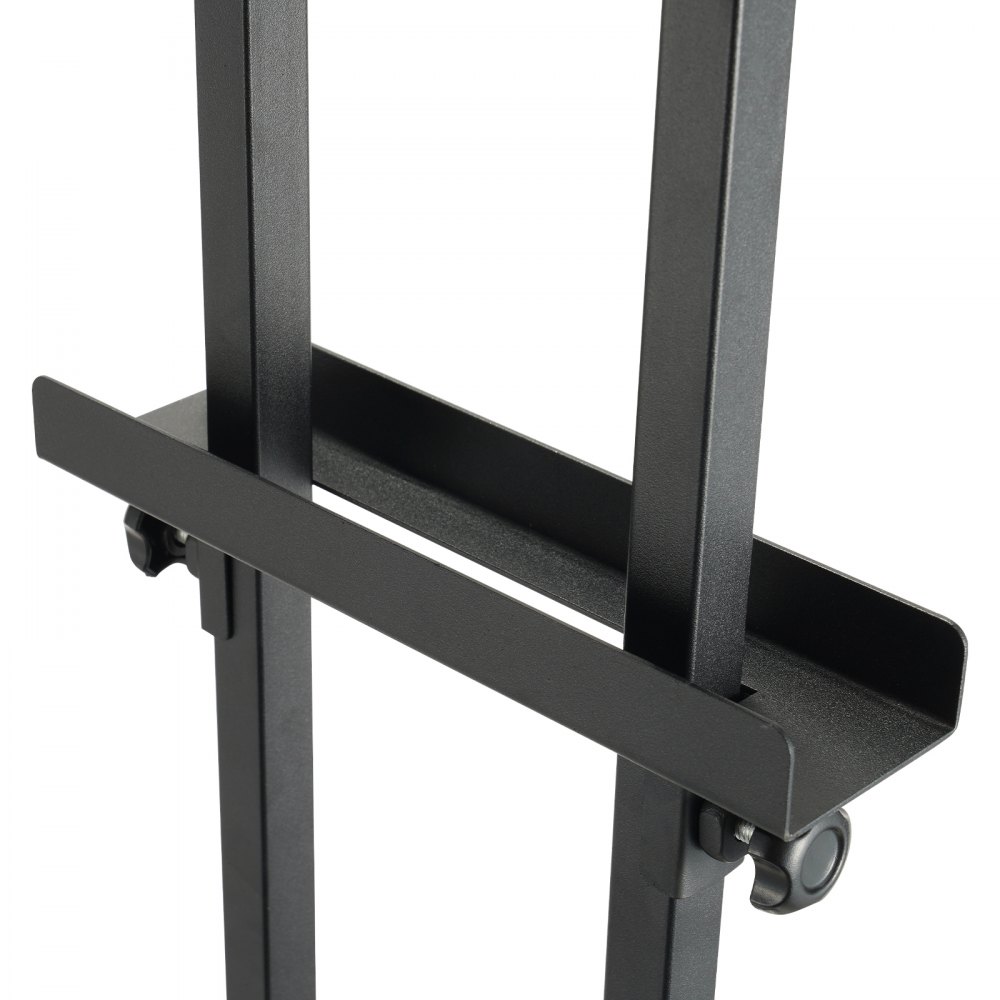 Primer plano de soporte para carteles VEVOR de metal negro con altura ajustable y fijación de abrazadera segura.