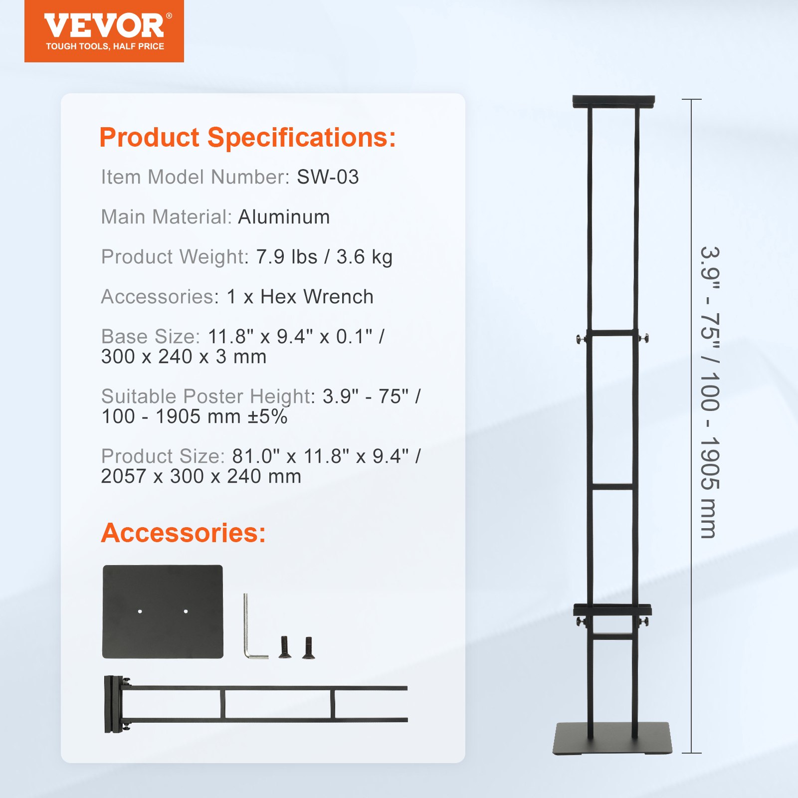 Especificaciones del soporte para póster VEVOR con altura ajustable, construcción de aluminio y llave hexagonal incluida.