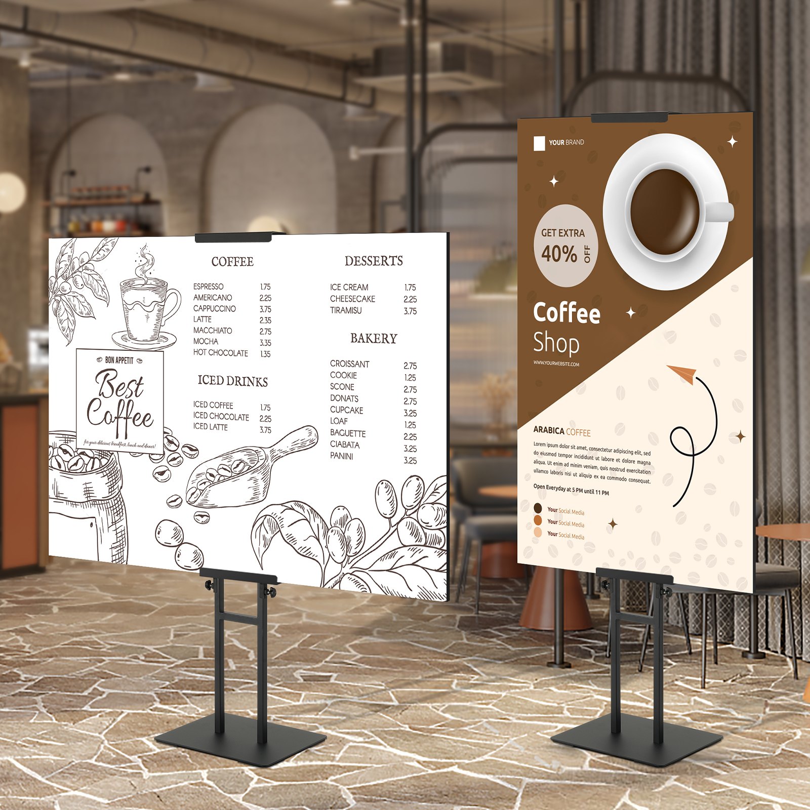 Soporte para carteles VEVOR que muestra el menú de una cafetería y un cartel promocional en un entorno de cafetería moderno.